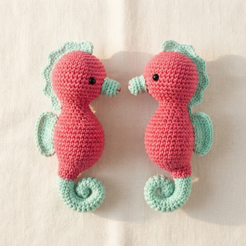 Two pink crochet seahorses with mint fins, crests, snouts and curled tails facing each other on light fabric