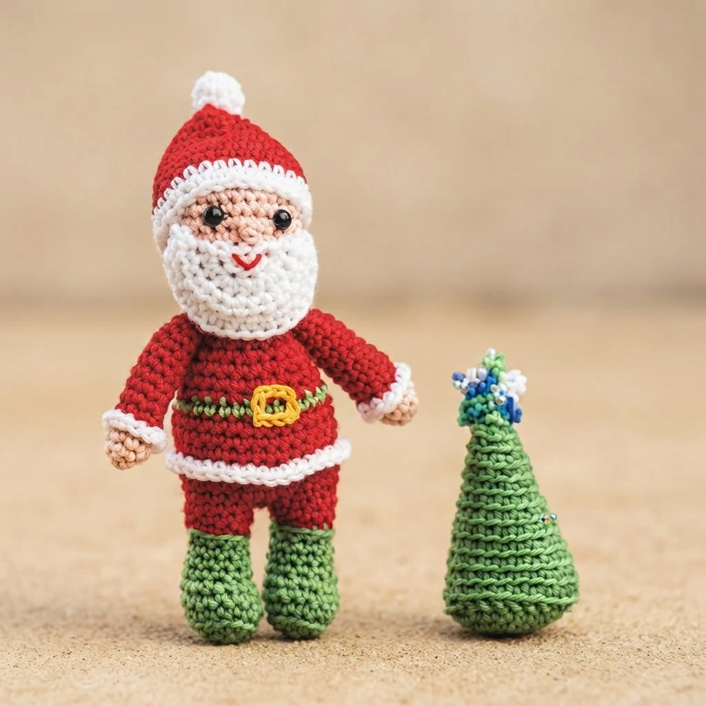Crocheted Santa Claus figure in a red suit with white trim and green boots standing next to a small green crocheted Christmas tree.