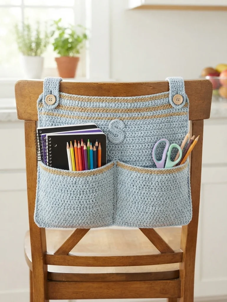 A light blue crocheted tote with beige stripes and wooden button straps, hanging on the back of a wooden chair, holding notebooks, colored pencils, scissors and a crocheted letter S.