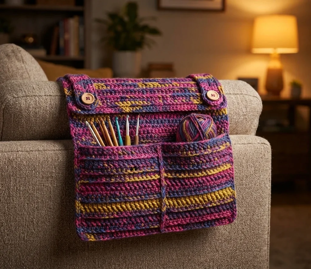 Crocheted variegated pocket organizer in pink, purple and yellow draped over a sofa arm, holding crochet hooks and a ball of yarn.