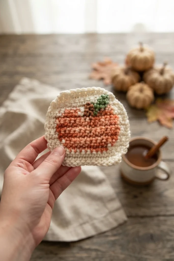 A hand holds a cream crochet coaster with an orange pumpkin and green stem, beside a mug and small pumpkins.