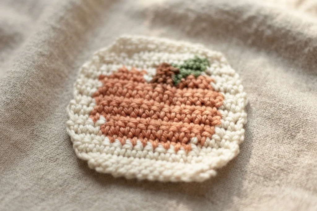 Cream crochet coaster with a muted orange pumpkin motif, a brown stem, and a green leaf, resting on beige fabric.