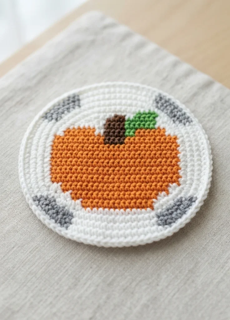 Dessous de verre au crochet rond, avec une citrouille orange, une tige brune, une feuille verte et une bordure blanche ponctuée de gris.