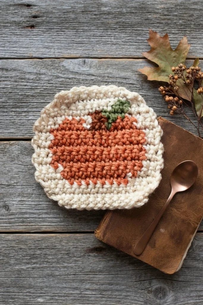 Crocheted pumpkin coaster with a cream border on a wooden surface beside a spoon and autumn leaves.