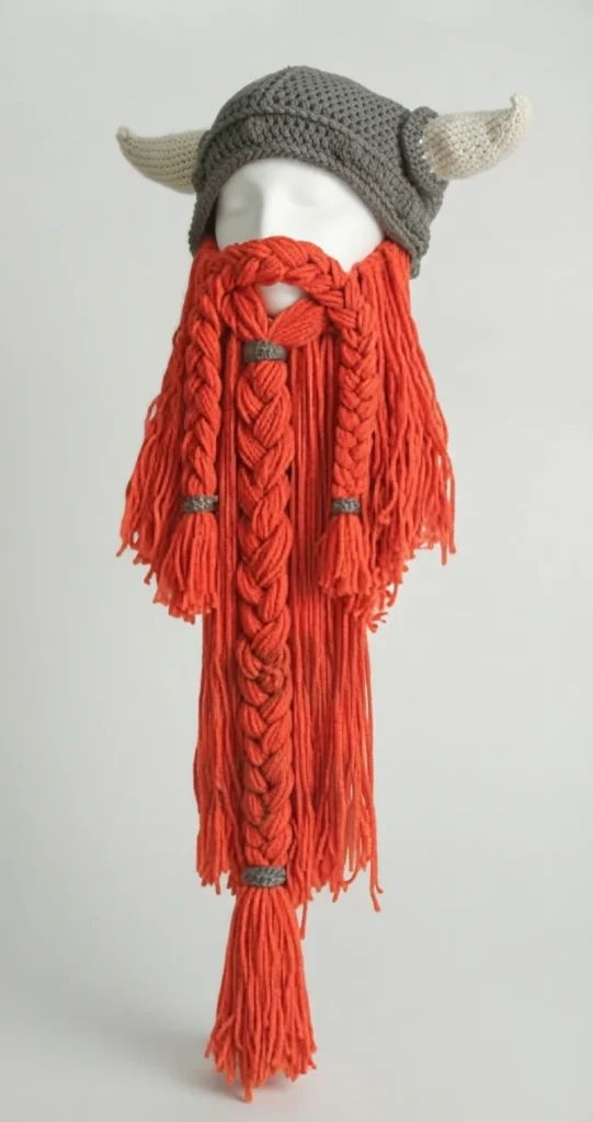 Mannequin head wearing a grey crocheted Viking helmet with cream horns and a long orange braided beard with grey bands