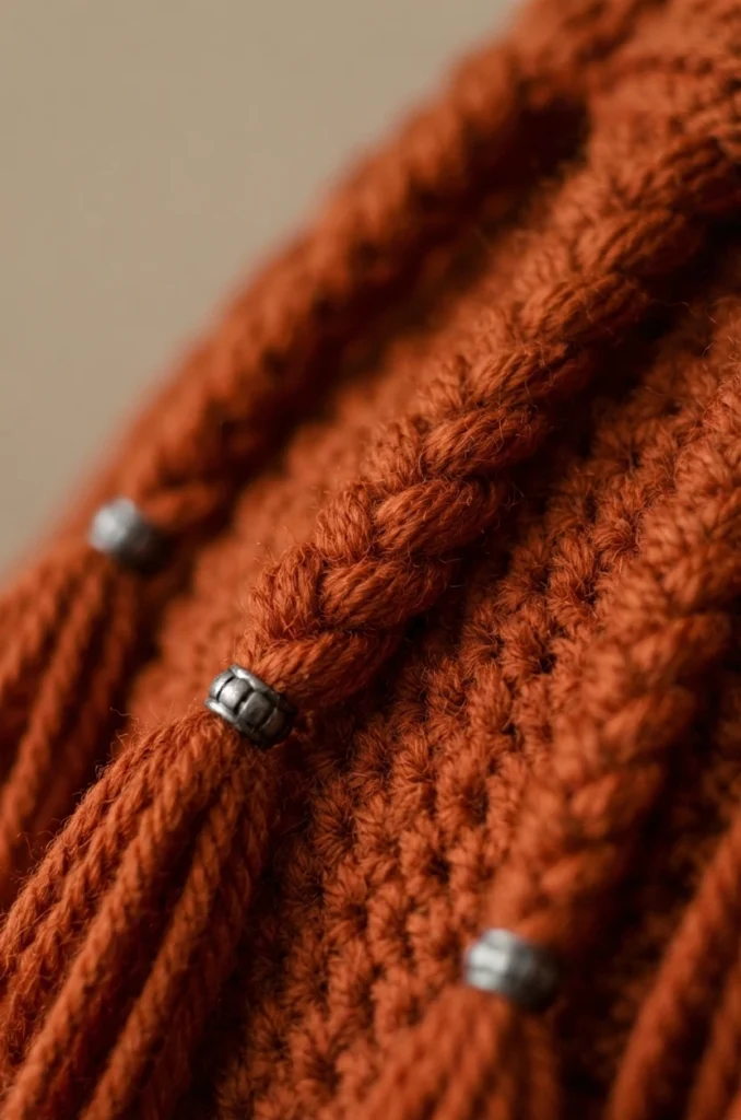 Close-up of rust orange crocheted beard showing braided strands with small metal beads