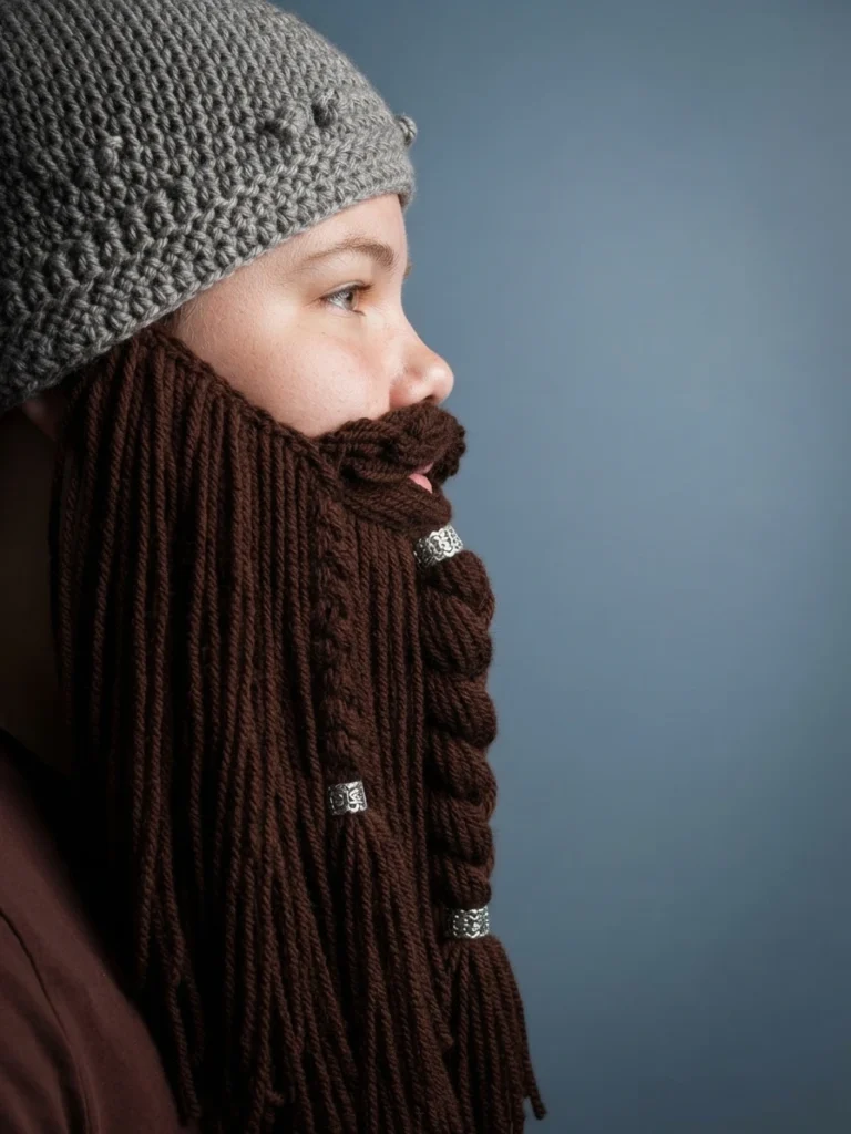 Side profile of a person wearing a gray crocheted hat and a long brown crocheted beard with a braid and silver rings