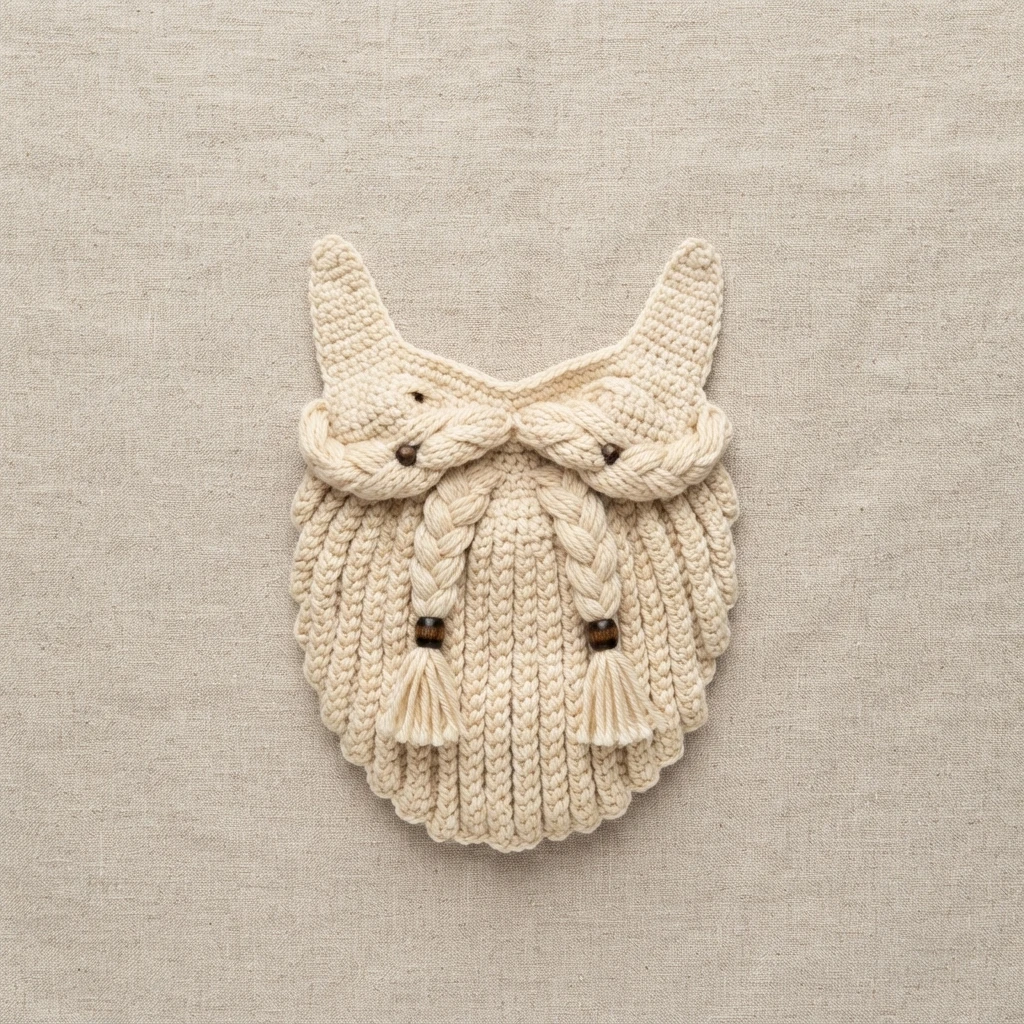Off-white crocheted Viking beard with braided strands, wooden beads and tassels, laid flat on beige fabric.