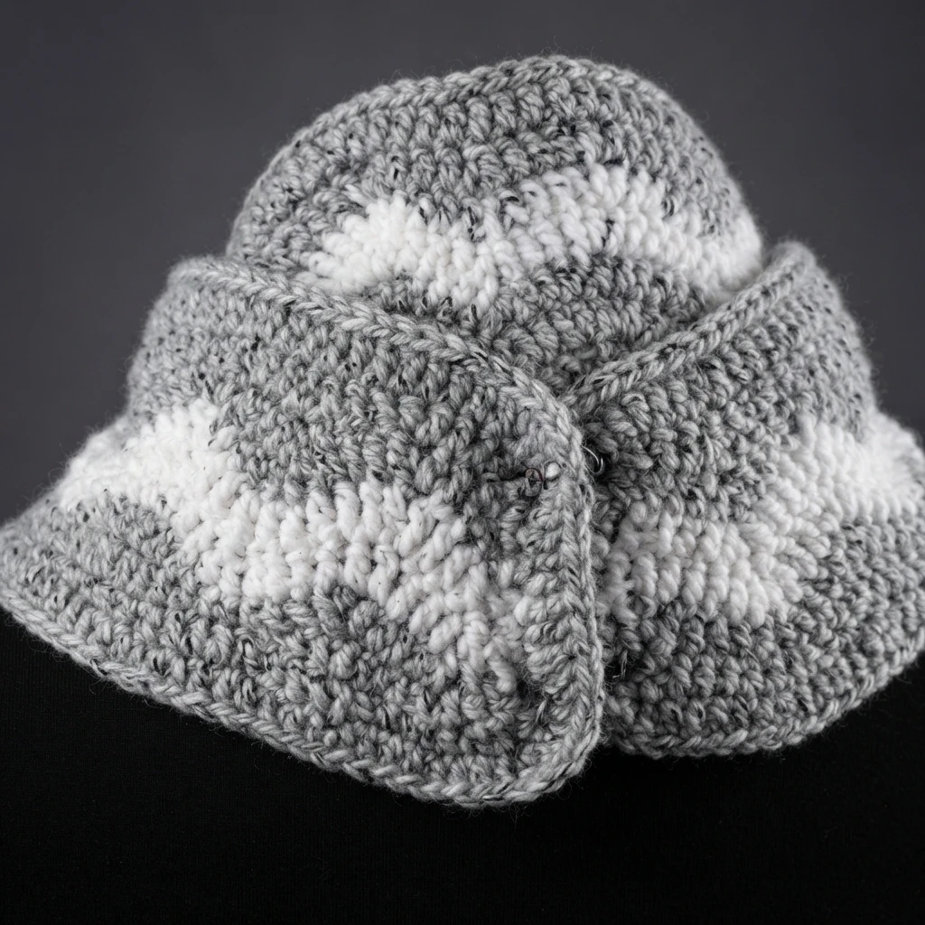 Crocheted gray hat with white chevron stripes and a wide folded brim, displayed against a dark background.