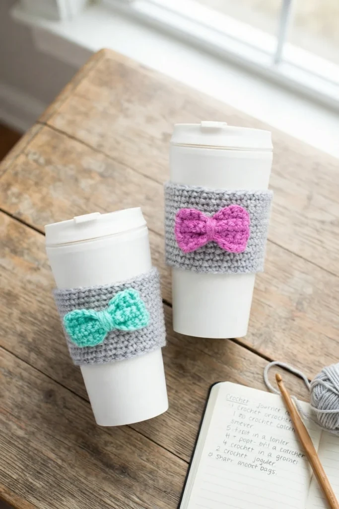 Two takeaway cups with gray crocheted sleeves and turquoise and pink bows, beside a crochet hook, yarn and notebook on a wooden table.