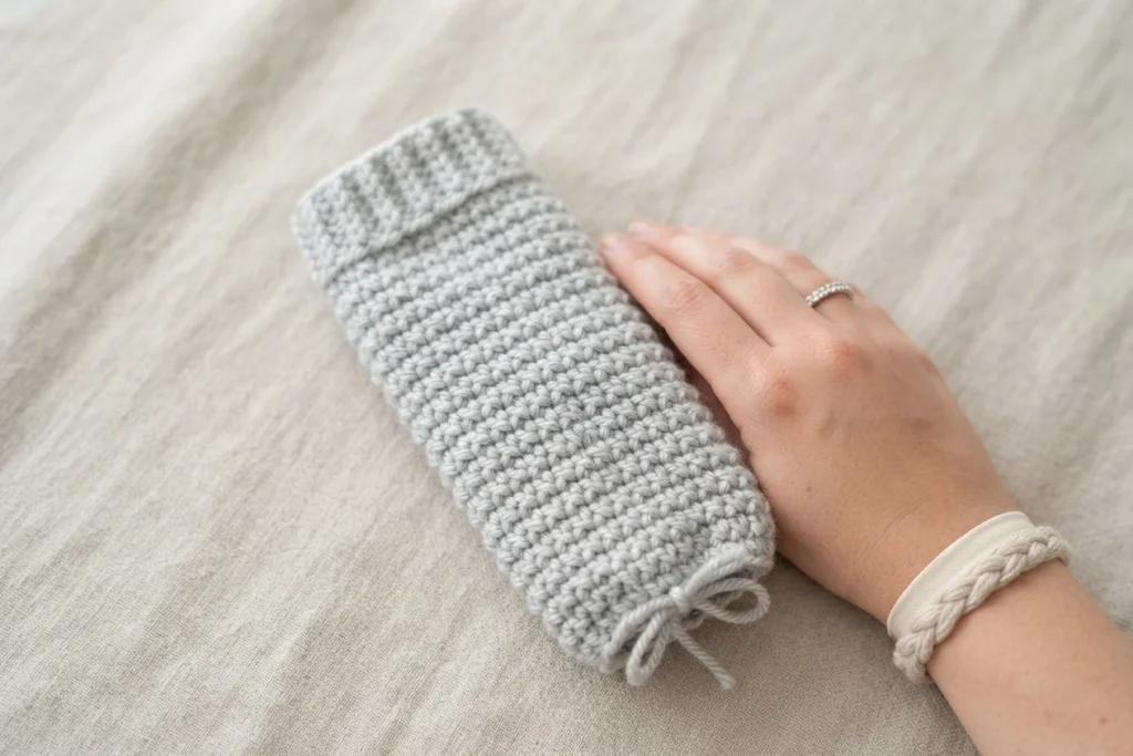 A hand rests beside a gray crocheted coffee sleeve with a loose yarn tail on a light fabric surface.