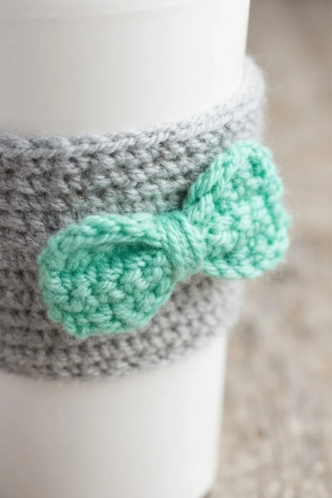 Gros plan d’une tasse blanche portant une housse crochetée grise ornée d’un nœud vert menthe.