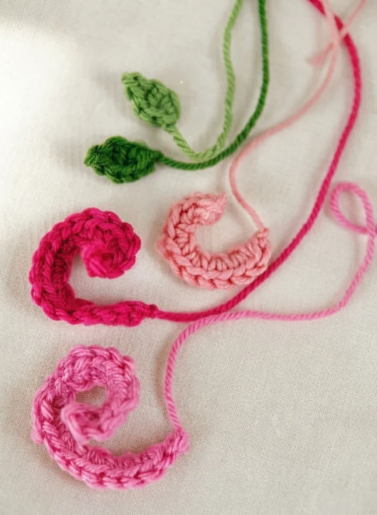 Two small crocheted green leaves and three pink crocheted spiral rose shapes in progress, arranged on a light fabric background with loose yarn tails still attached.
