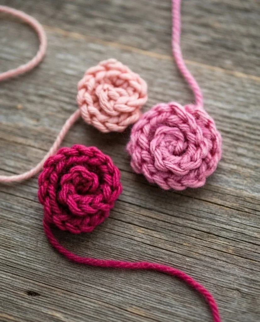 Three small crocheted spiral roses in pale pink, deep magenta and medium pink, each with a long yarn tail, resting on a weathered grey wood surface.