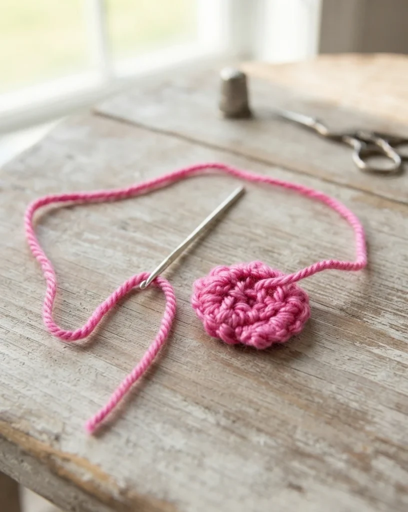 Small pink crochet rose spiral with a yarn needle threaded through a strand of pink yarn, resting on a weathered wooden table with a blurred thimble and scissors in the background.