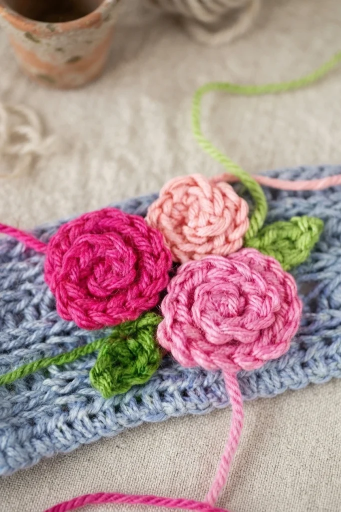 Three crocheted roses in hot pink, light pink and medium pink with green crocheted leaves attached to a blue gray crocheted sleeve band, loose yarn tails hanging down, resting on a light linen surface