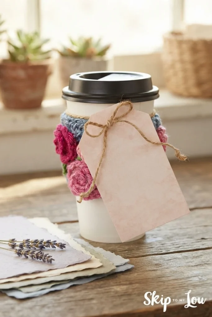 White takeaway cup wearing a grey-blue crocheted sleeve decorated with pink crocheted roses and green leaves, a blank pink paper gift tag tied on with twine, set on a wooden table beside dried lavender and layered paper cards