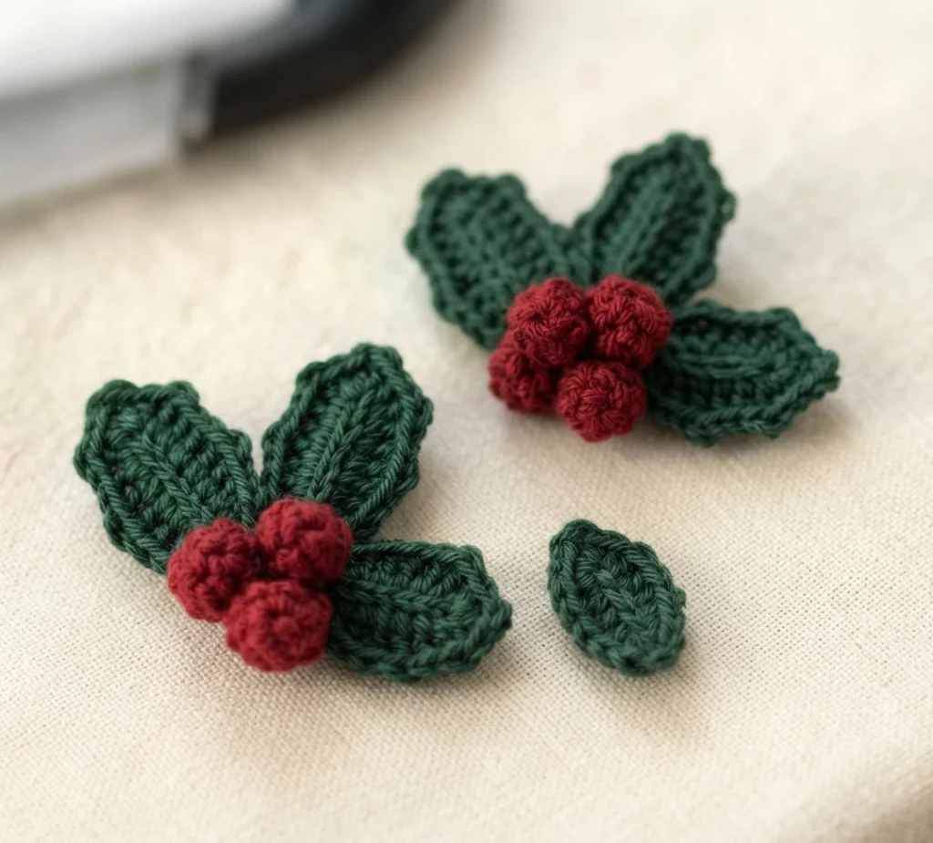 Two crocheted sprigs with dark green leaves and red berries, beside a loose green leaf on a light surface.