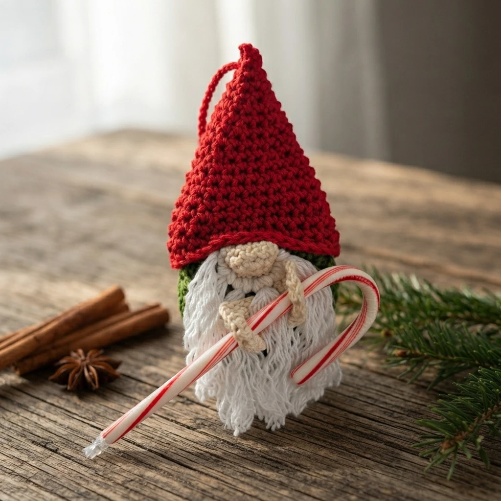 Crocheted gnome ornament in a red hat holding a striped candy cane, with a white beard and a hanging loop, on a wooden table.