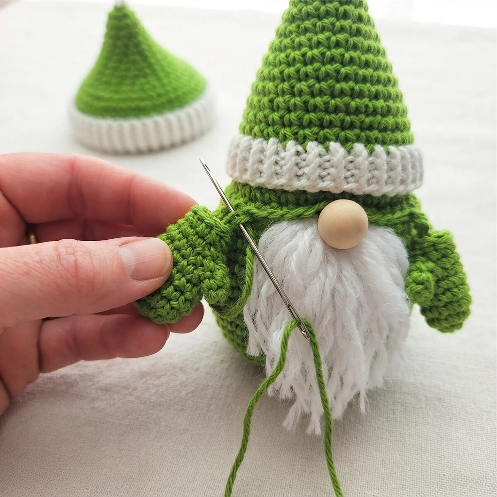 A hand sews a green crocheted gnome with a yarn needle; a loose hat piece lies nearby.