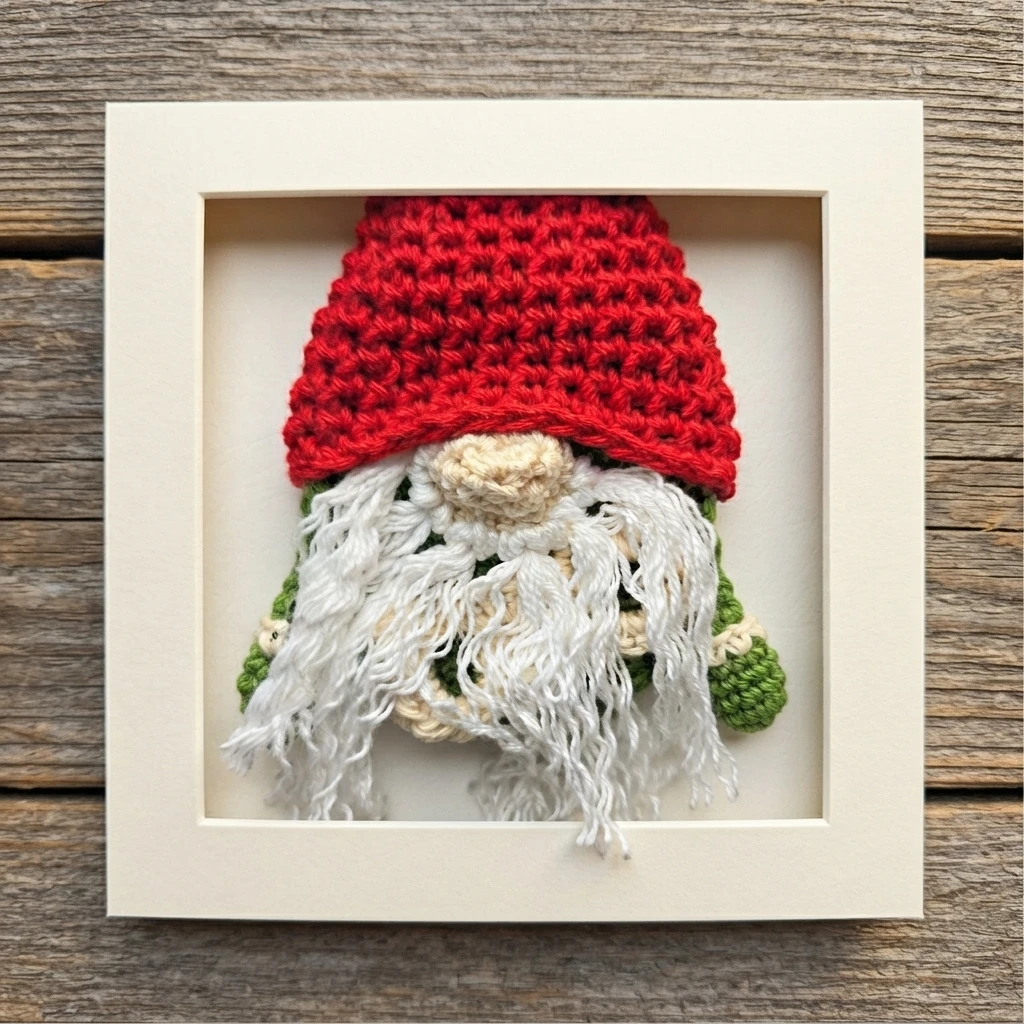 Crochet gnome with a red hat and long white beard displayed in a frame.