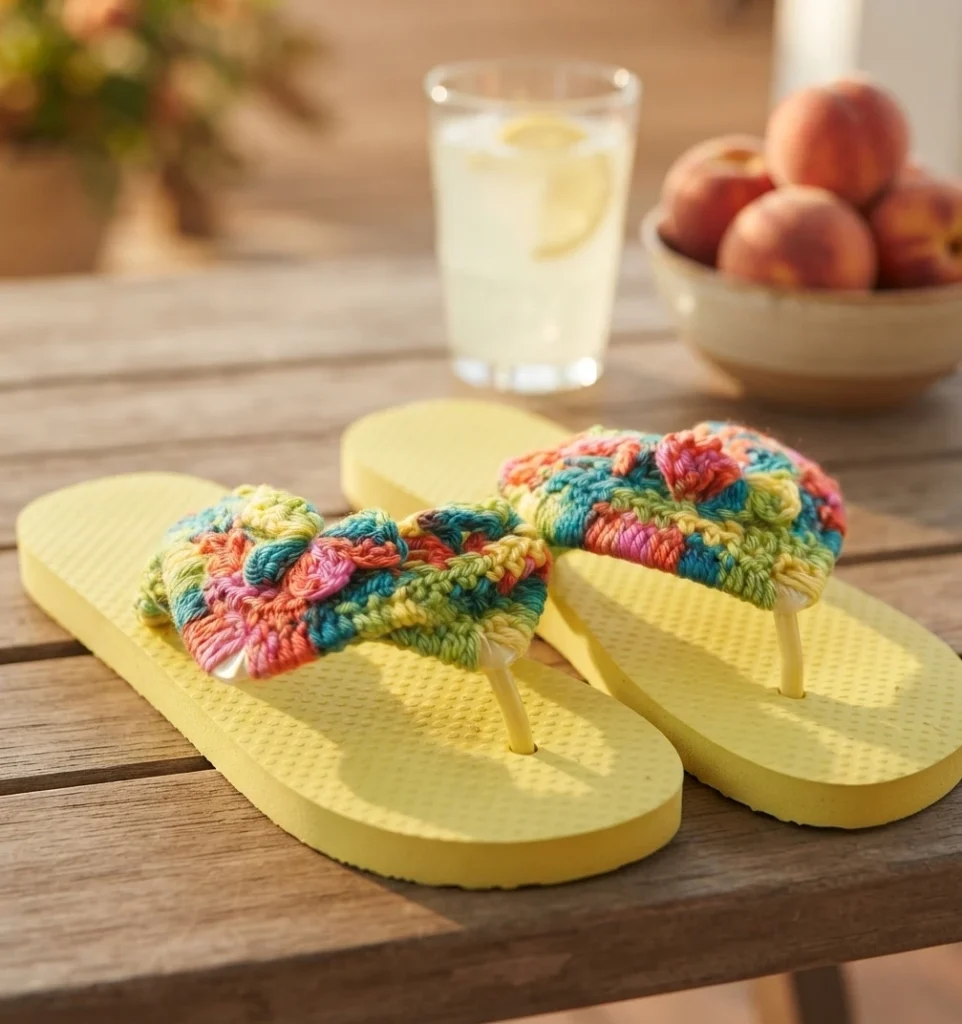 Yellow flip-flops with colorful crocheted straps on a wooden table, a glass of lemonade and a bowl of peaches in the background.