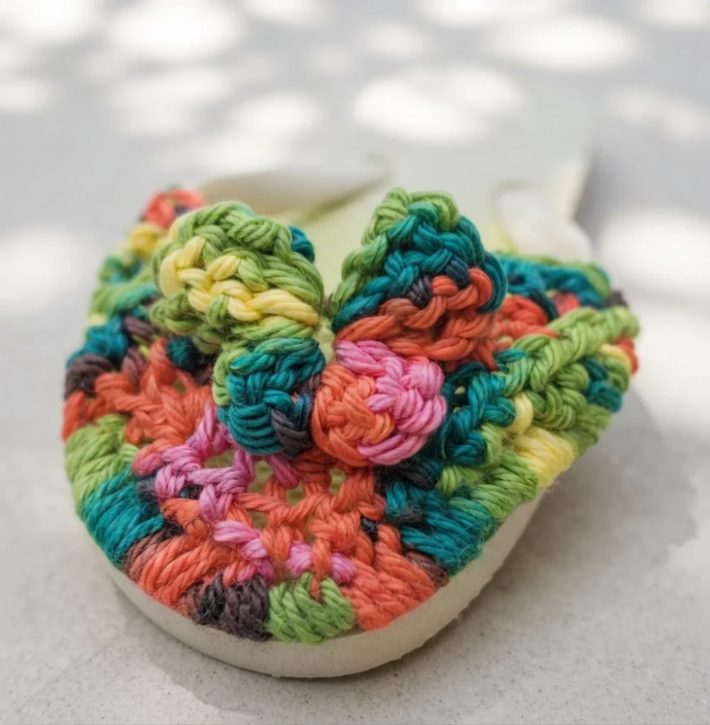 Close-up of a flip-flop decorated with a colorful crocheted butterfly motif in variegated yarn, resting on a light surface