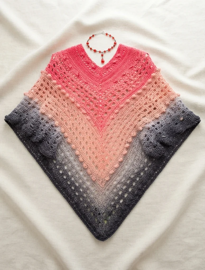 Finished crochet Spring Poncho in pink to gray gradient yarn, with openwork mesh and bobble accents, displayed flat on cream fabric with a red beaded necklace.