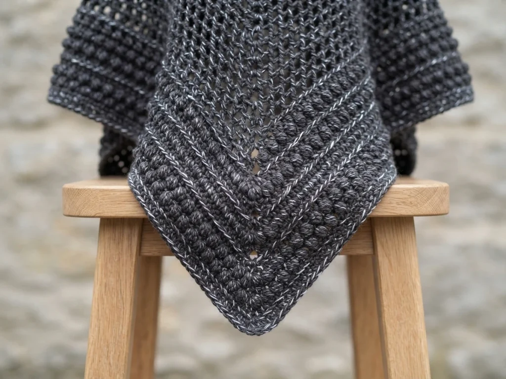 Close-up of the pointed front of a dark grey crocheted poncho with bobble texture and open mesh, draped over a wooden stool