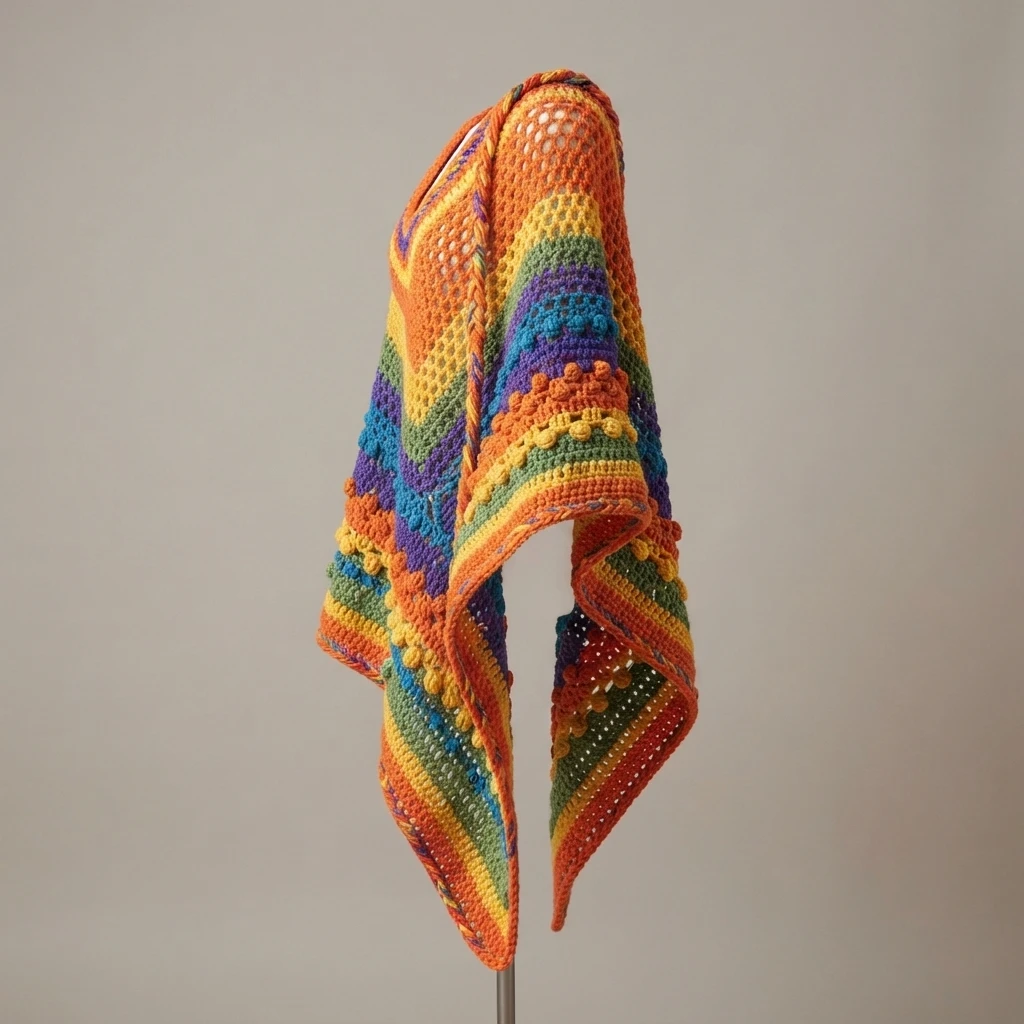 Multicolor striped crochet poncho with bobble rows displayed on a stand against a plain light background