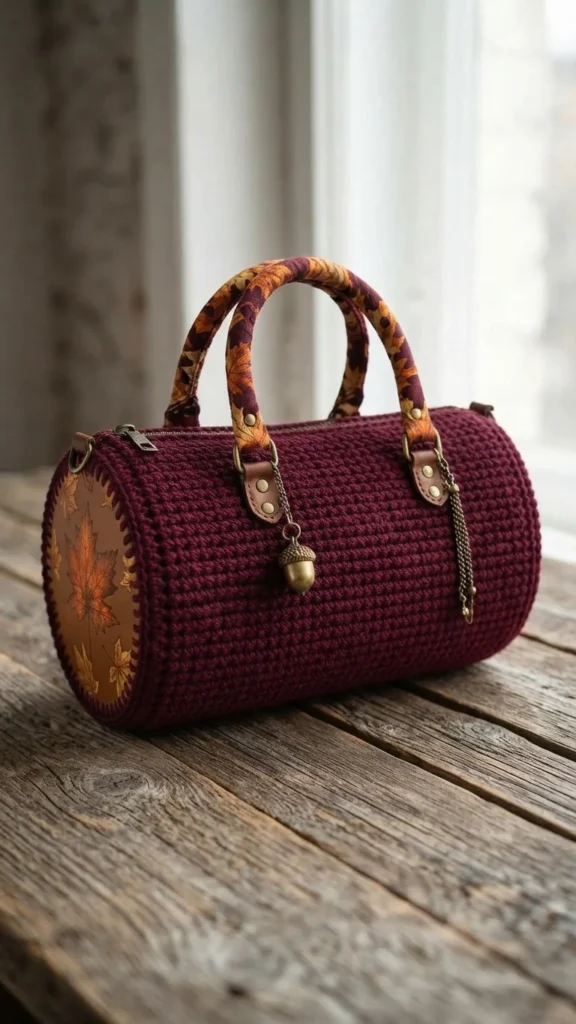 Burgundy crocheted barrel purse with autumn-leaf end panels, patterned handles and an acorn charm, resting on a wooden table.