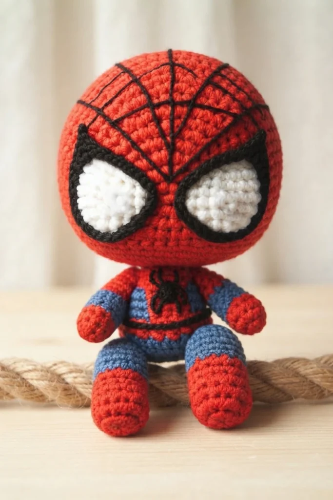 A seated red-and-blue crocheted Spider-Man doll with large white eyes outlined in black and web details across its head.