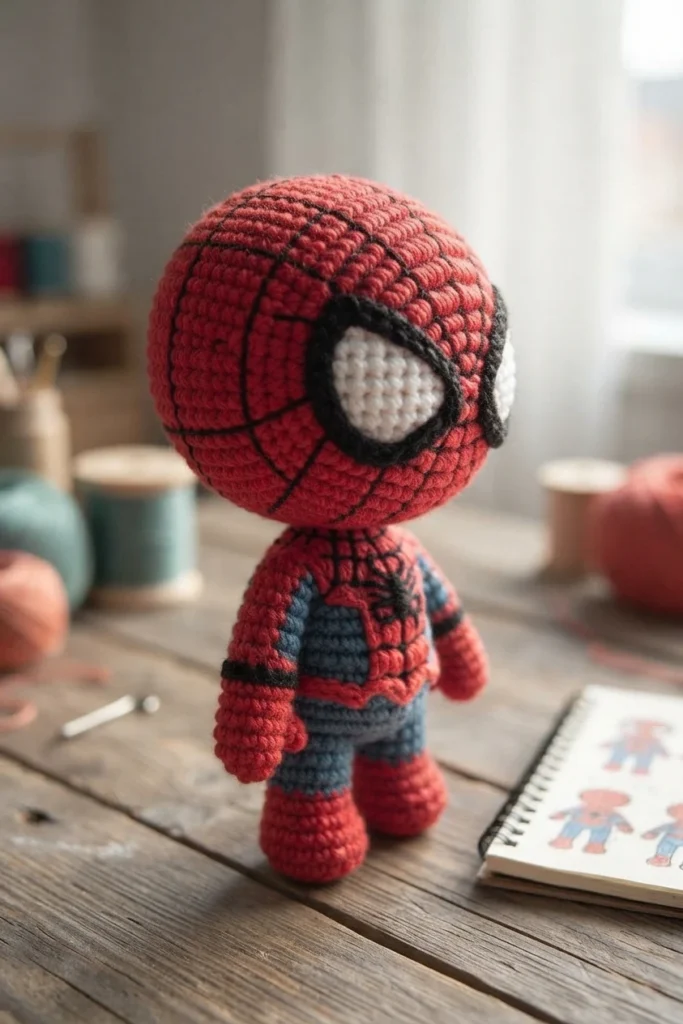 A red and blue crocheted Spider-Man doll with a web-patterned head and white, black-edged eyes stands on a wooden table.