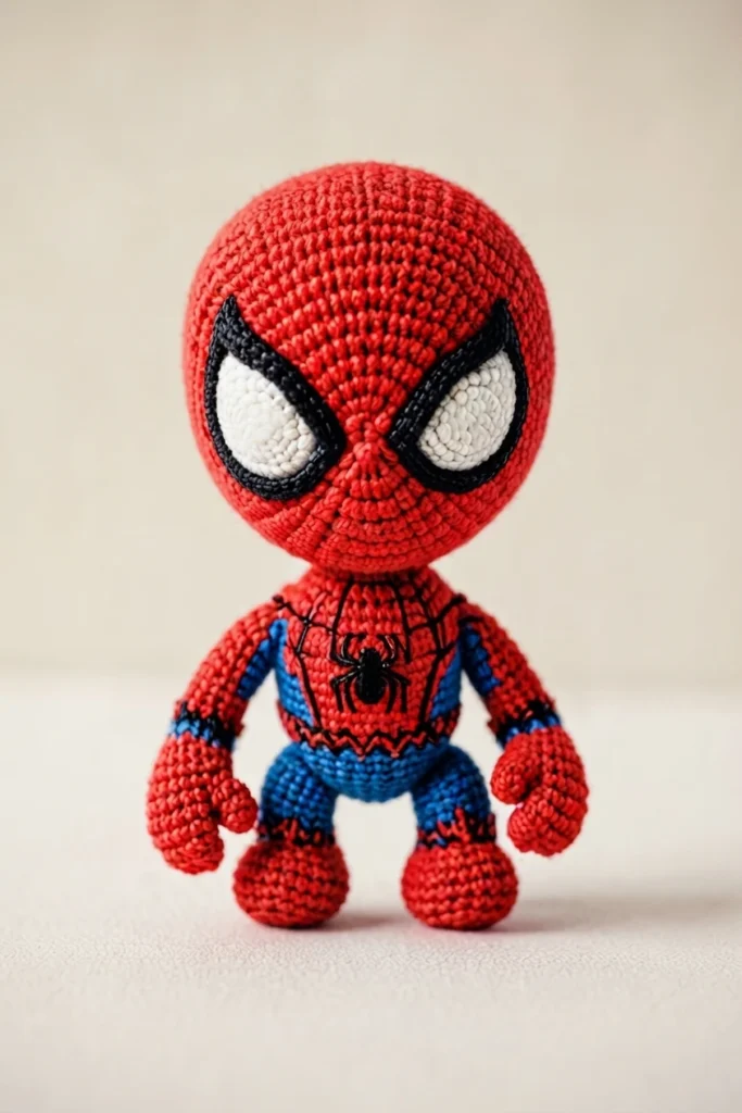 A crocheted Spider-Man doll standing upright, with a large red head, white eyes outlined in black, a red-and-blue suit, and a black spider motif on its chest.