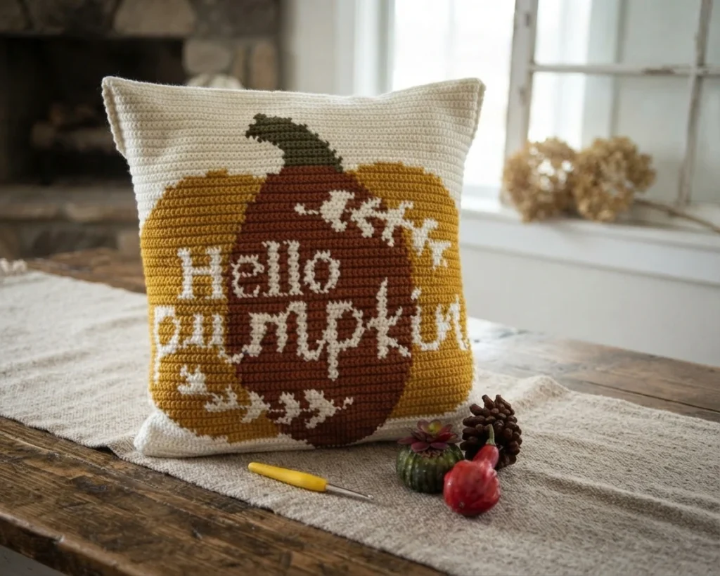 A crocheted white pillow with a multicolored pumpkin motif and lettering, arranged with a crochet hook and small fall decorations.