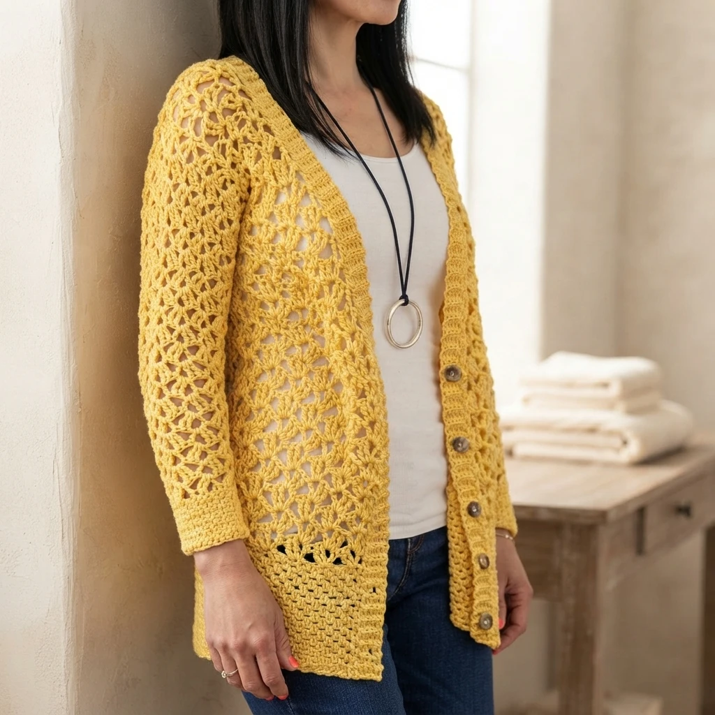 Une personne porte un cardigan jaune ajouré à manches longues et à boutons, sur un haut blanc et un jean.