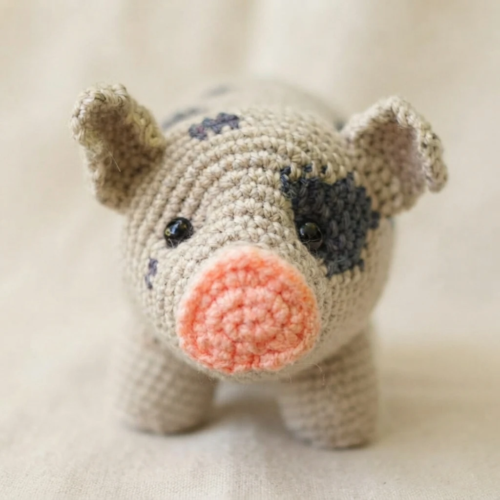 Petit cochon au crochet beige, avec des oreilles dressées, des taches foncées, des yeux noirs et un museau rose, photographié de face.