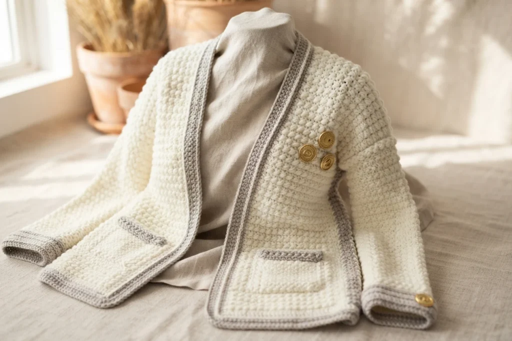 A cream crocheted cardigan with gray trim and gold buttons displayed on a mannequin.