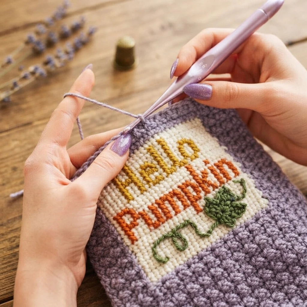 Hands crocheting a purple border around a cream panel with autumn lettering and a green motif.