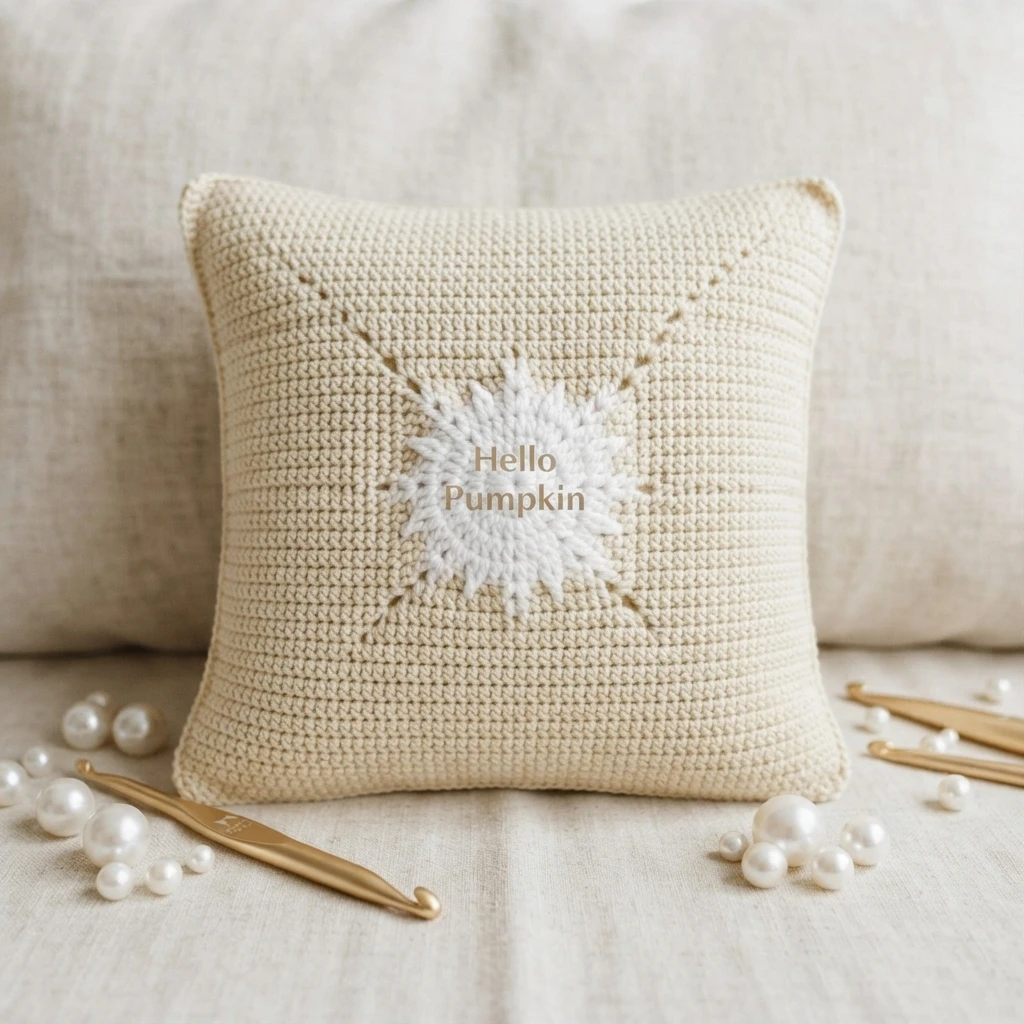 Coussin crocheté beige avec un motif blanc en étoile et le texte « Hello Pumpkin », posé avec des crochets dorés et des perles décoratives.