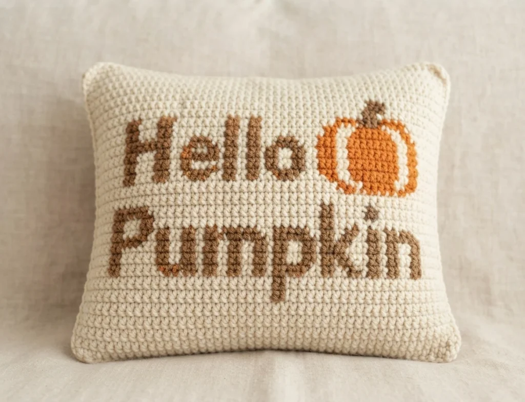 A cream crocheted pillow with brown lettering and a small orange pumpkin motif, on a pale fabric surface.