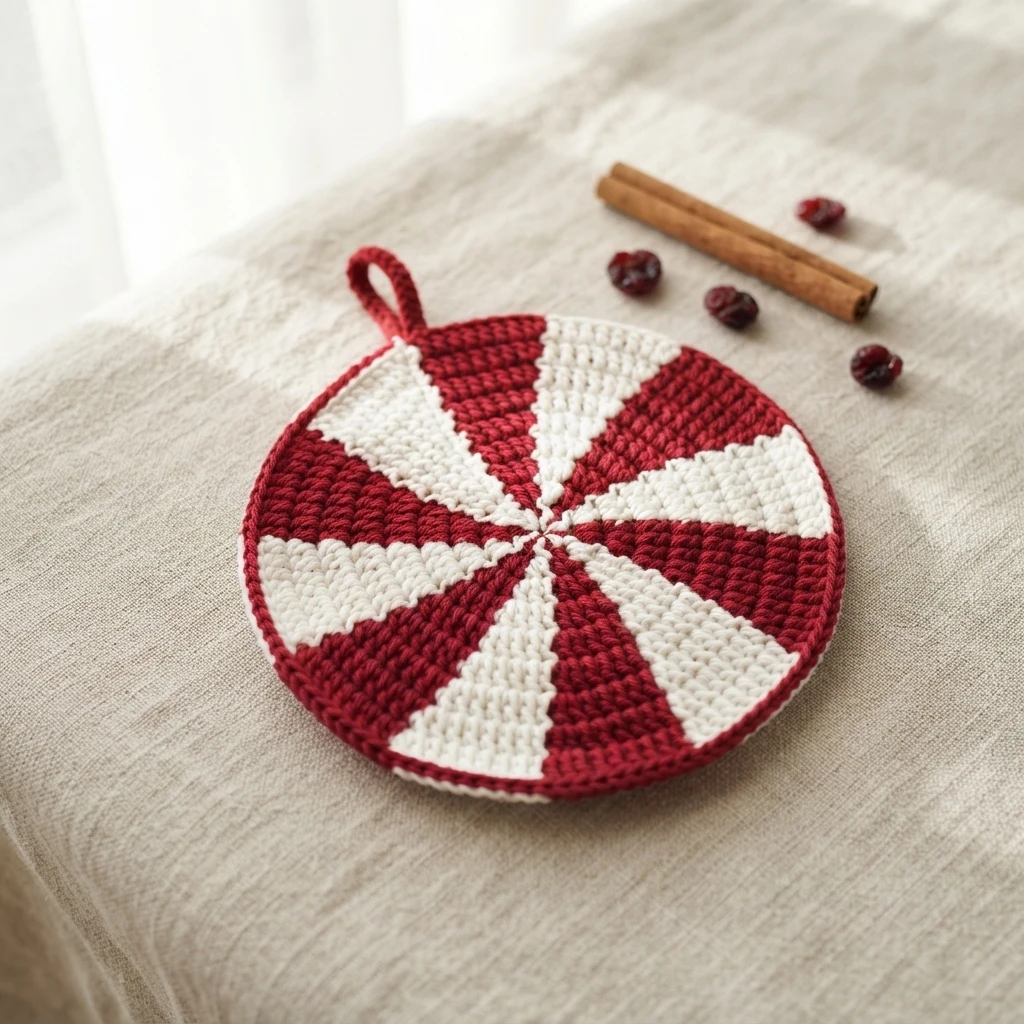 Round red-and-white peppermint crochet potholder with a hanging loop on a linen surface.