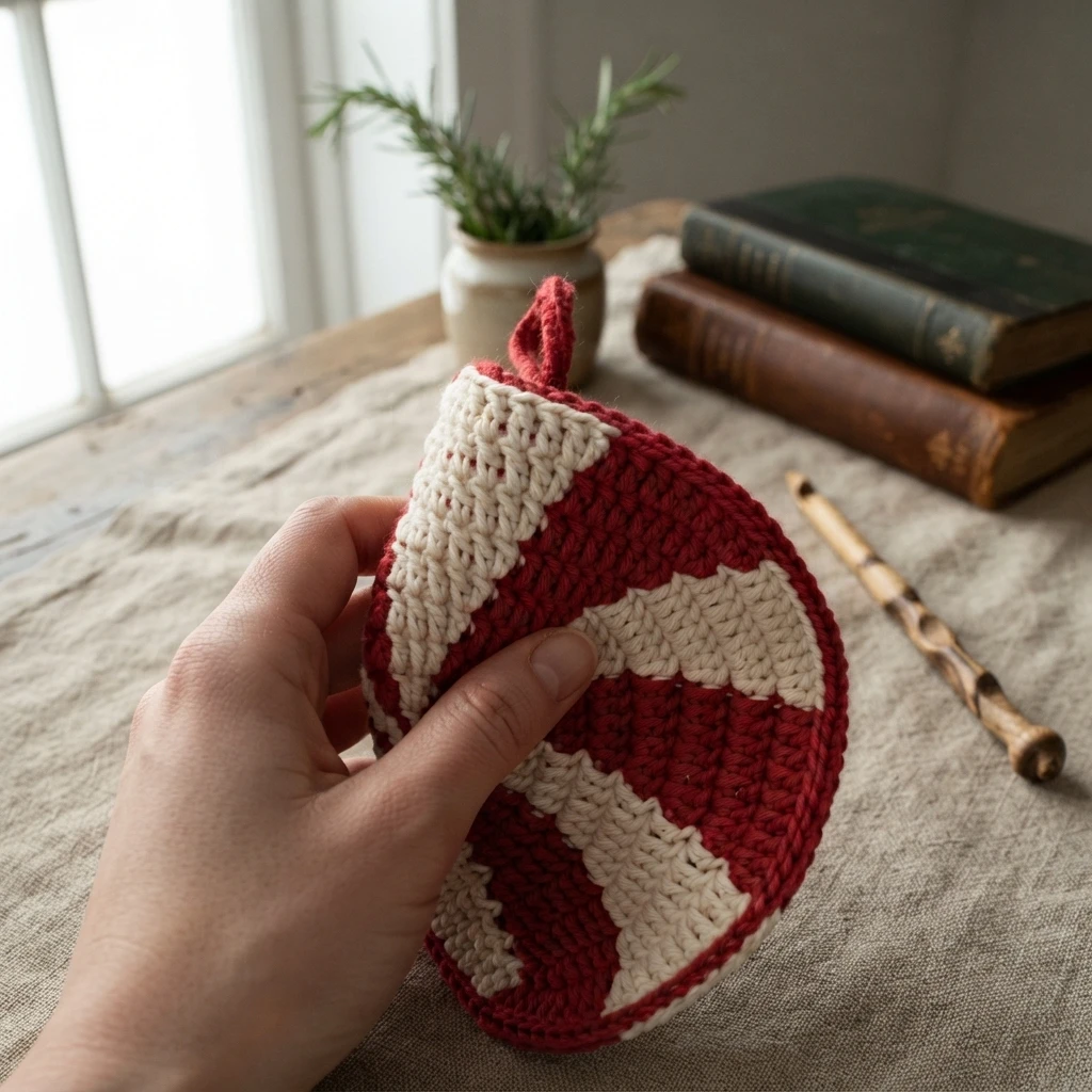 A hand holds a round red-and-cream spiral crochet potholder with a hanging loop.