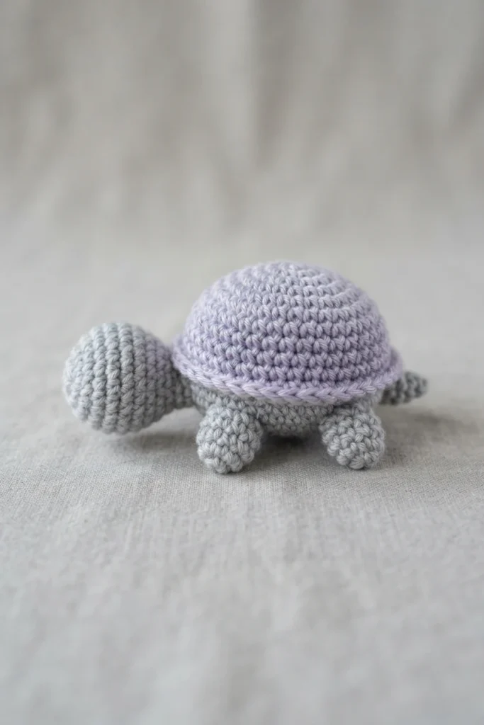 Small crocheted turtle with a pale lavender shell and light gray head, legs, and tail, on a light gray fabric background.