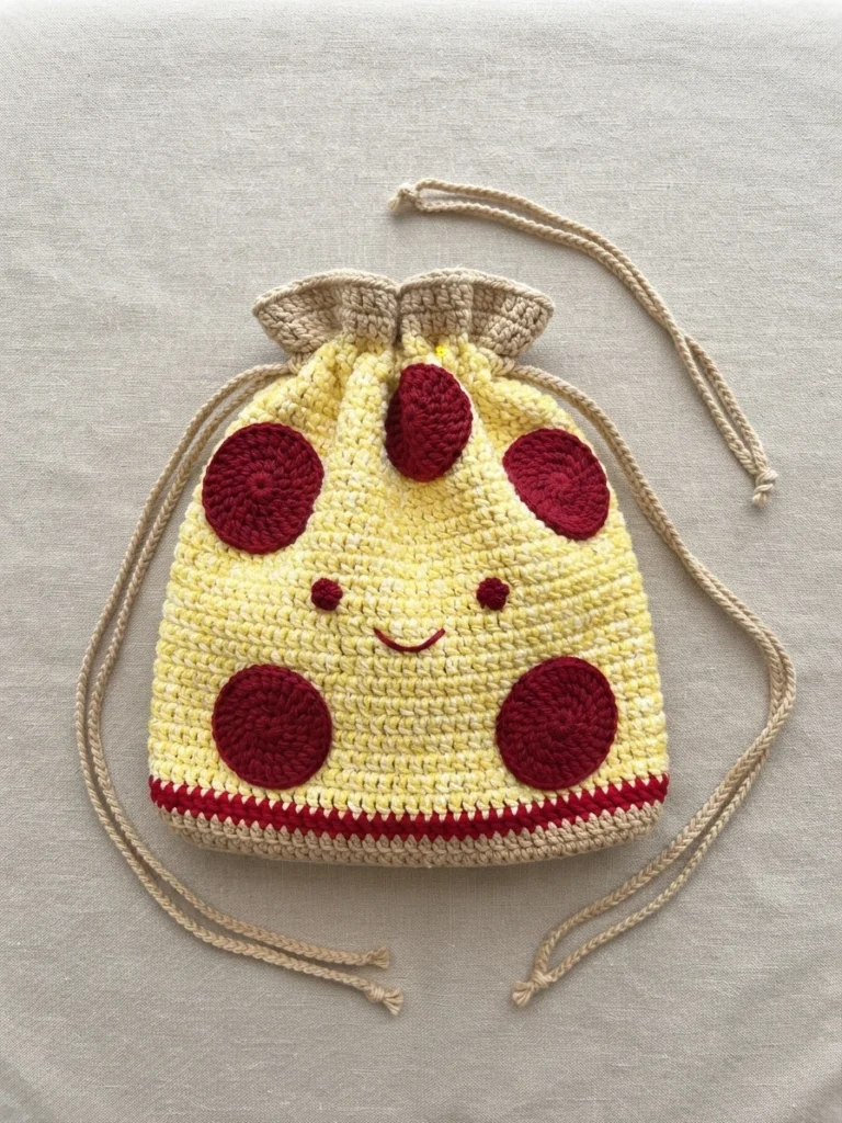 Crochet drawstring bag in yellow with red round motifs, tan trim and red edging, with a small smiling face and beige drawstrings on light fabric.
