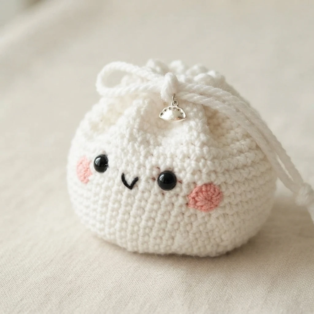 White crochet dumpling bag with black eyes, pink cheeks, small stitched smile, and white drawstring with a small silver charm, on light fabric.
