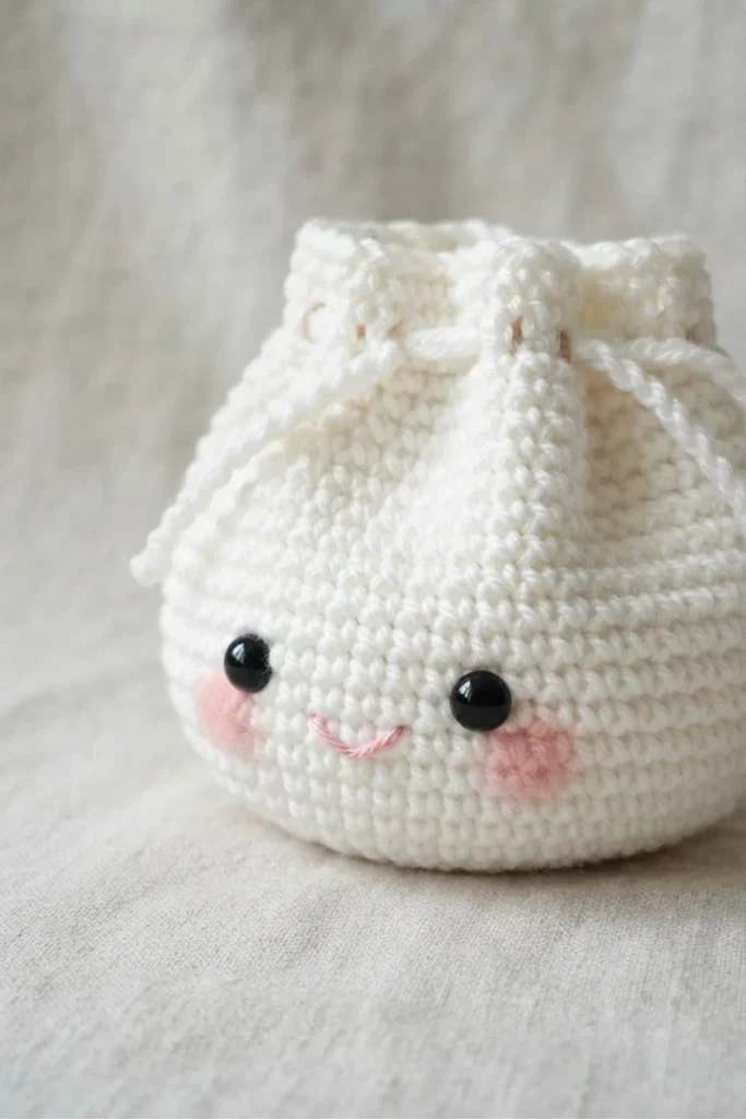 White crochet dumpling pouch with black safety eyes, pink cheeks and a pink stitched smile, with gathered drawstring top on a light neutral background.