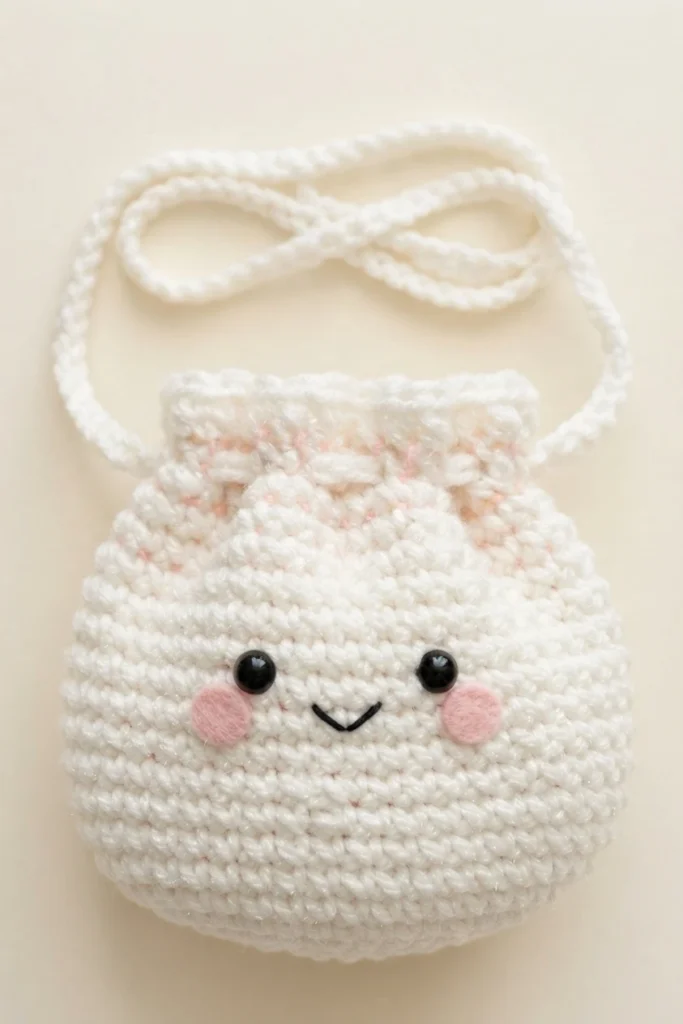 White crochet dumpling bag with black eyes, pink cheeks and a small smile, with a white drawstring loop above its gathered top, on a light background.