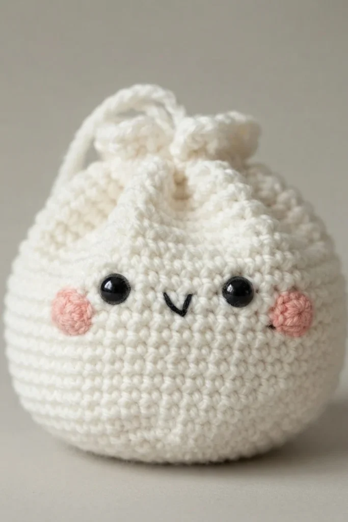 White crochet dumpling bag with black eyes, pink cheeks and a small embroidered mouth on a plain background.