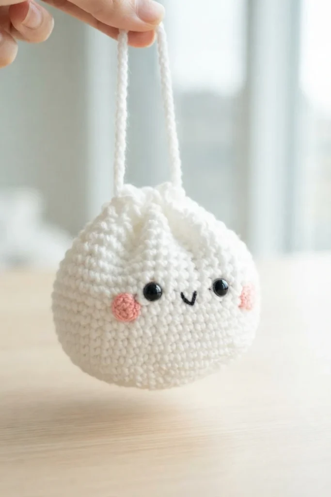 White crochet dumpling bag with black eyes, pink cheeks and a small stitched mouth, held by its white drawstring above a wooden surface.